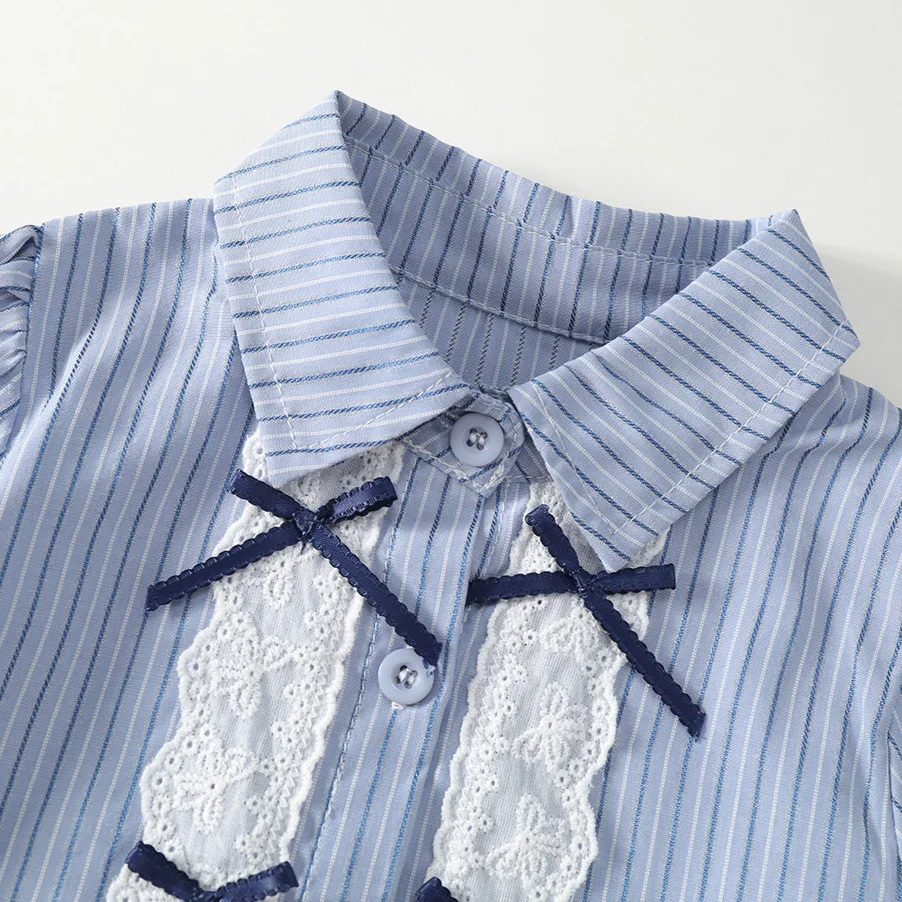 2025 New Spring Girls' Striped Shirt Sets Campus Style Autumn Children's Girls Long Sleeve Bow Shirt Long Pants Kids Outfits