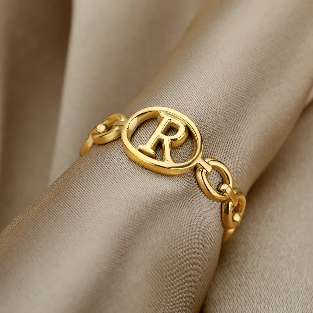 Stainless Steel Hollow Initial Rings For Women Gold Color A-Z Letter Open Adjustable Ring Female Aesthetic Wedding Jewelry Gift