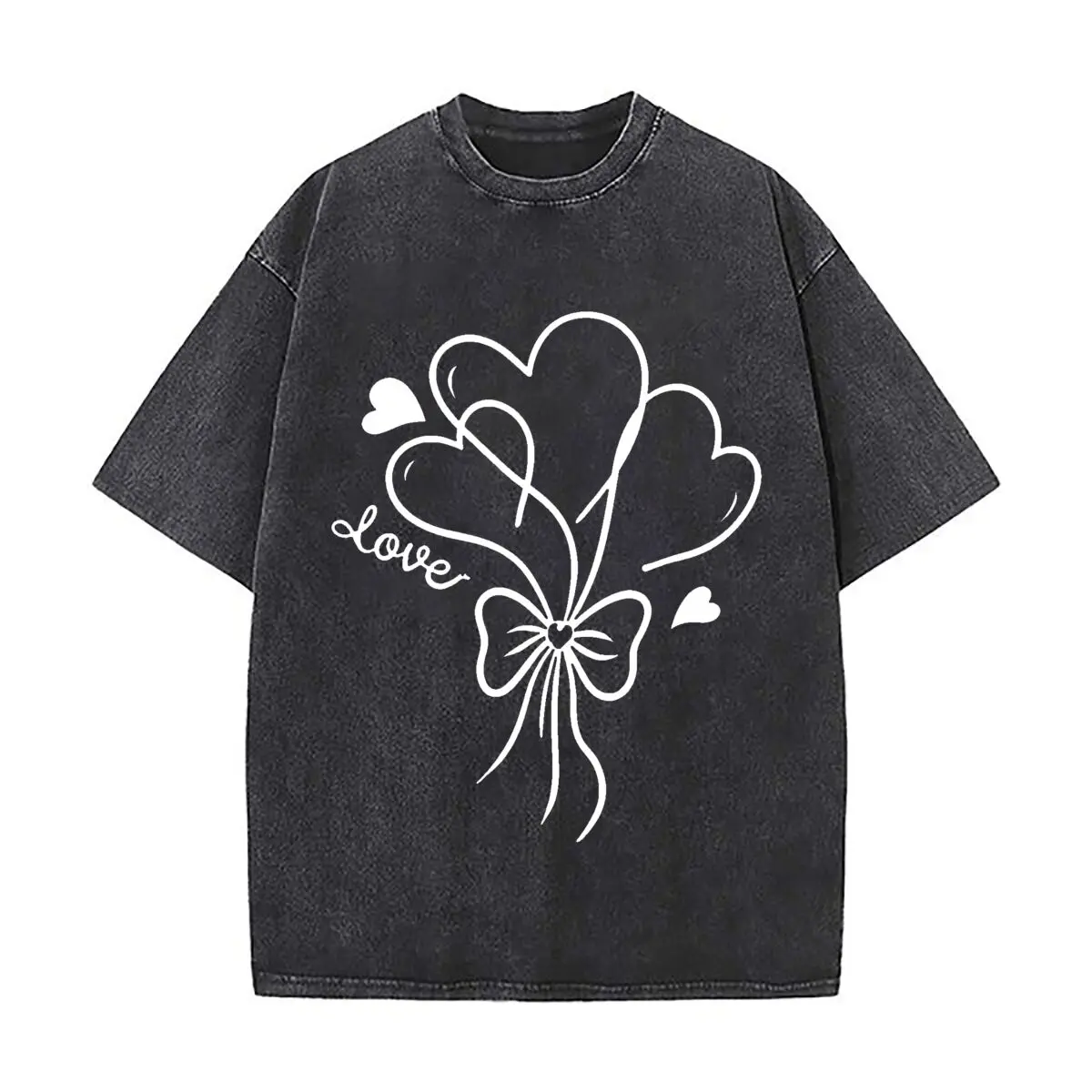 Heart Shaped Balloon Cluster With Ribbon Bow Washed Vintage Short Sleeve Loose Streetwear Tee