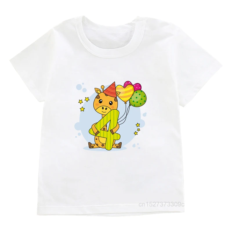 

New Summer Children White T-shirts Girl Animals With Numbers From 1 To 9 Patterned Garments Top Boy Bear Giraffe Print Tees