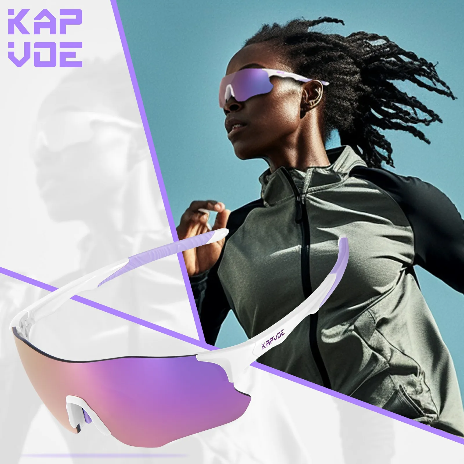 Kapvoe Purple Photochromic Running Sunglasses Outdoor Sports Bike Marathon Cycling Glasses Mountain Bicycle Goggles Eyewear