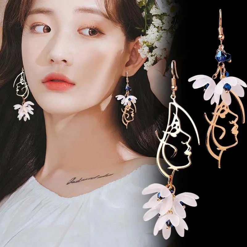 Bohemia White Flower Asymmetry Hanging Earrings for Women Trendy Long Tassel Crystal Dangle Earring Wedding Party Jewelry Gift