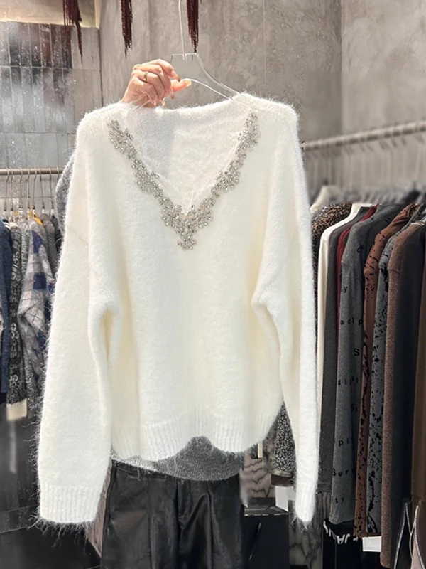 

Lace Splicing Heavy Embroidery Diamond Embellied Loose Knitted Sweater Women's V-ne Lazy Sle Spring Faion Commute Wind