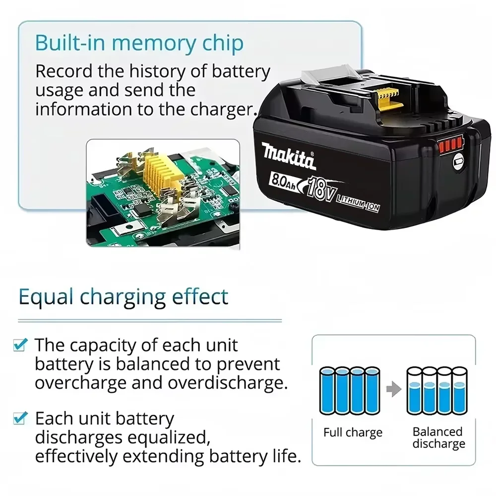 Original 6.0/8.0Ah Makita 18V Battery compatible 18V BL1860 BL1850 BL1840b BL1830 BL1815 LXT-400 lithium-ion Battery Replacement