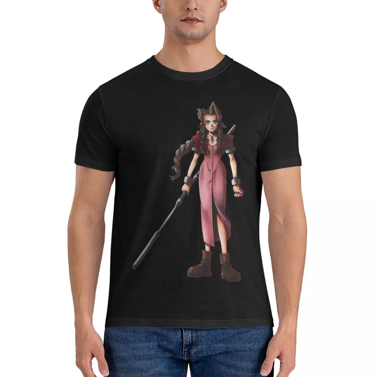 Men T-Shirt VII - Aerith Vintage Cotton Tees Short Sleeve Final Fantasy T Shirts O Neck Tops Unique