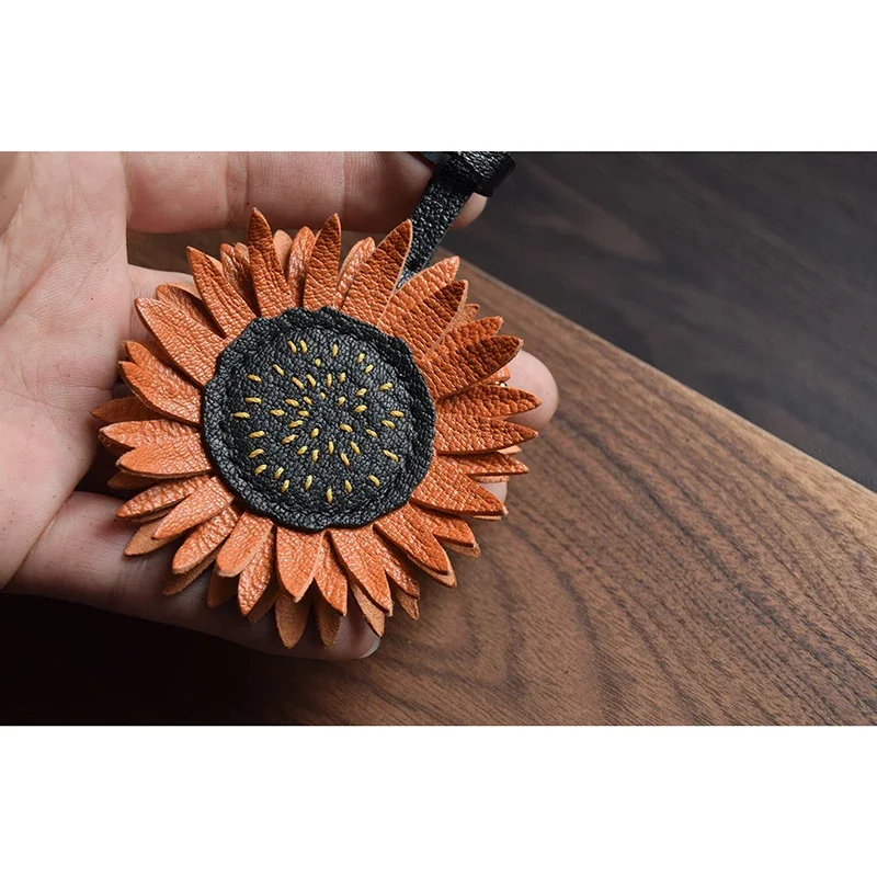 Handmade Leather Sunflower Bag Charm Keychain Key Ring