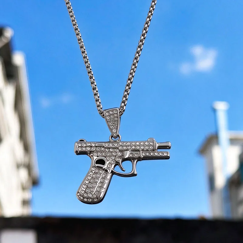 Hiphop&Rock AK47 Rifle&Gun Pendant Necklaces For Men Women Crystal Metal Clavicle Chain Choker Party Daily Jewelry Gifts