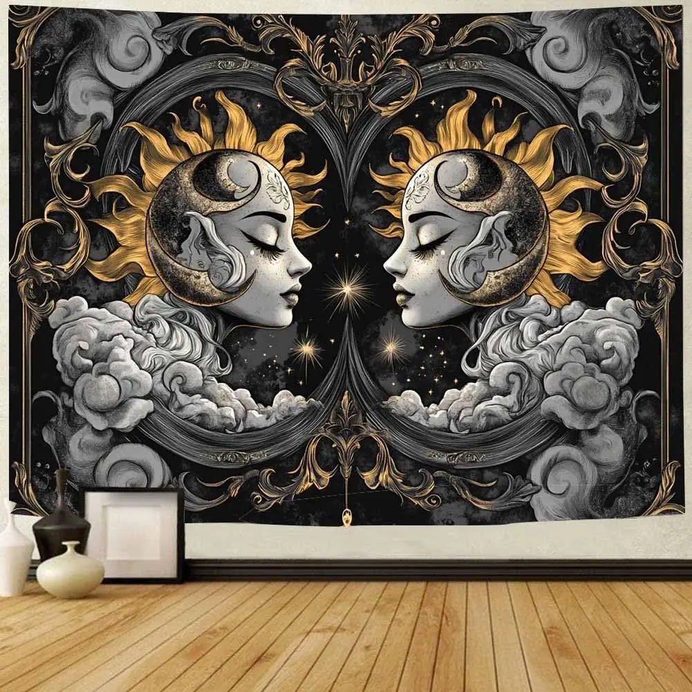 

Trippy Face Tapestry – Vintage Burning Sun & Moon with Psychedelic Clouds for Bedroom, Living Room or Dorm Decor
