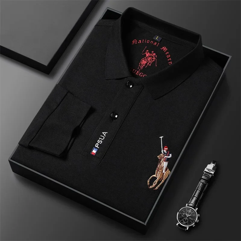 New Men\'s Casual Embroidery Long Sleeve Polo Shirt Fashion Solid Color Top