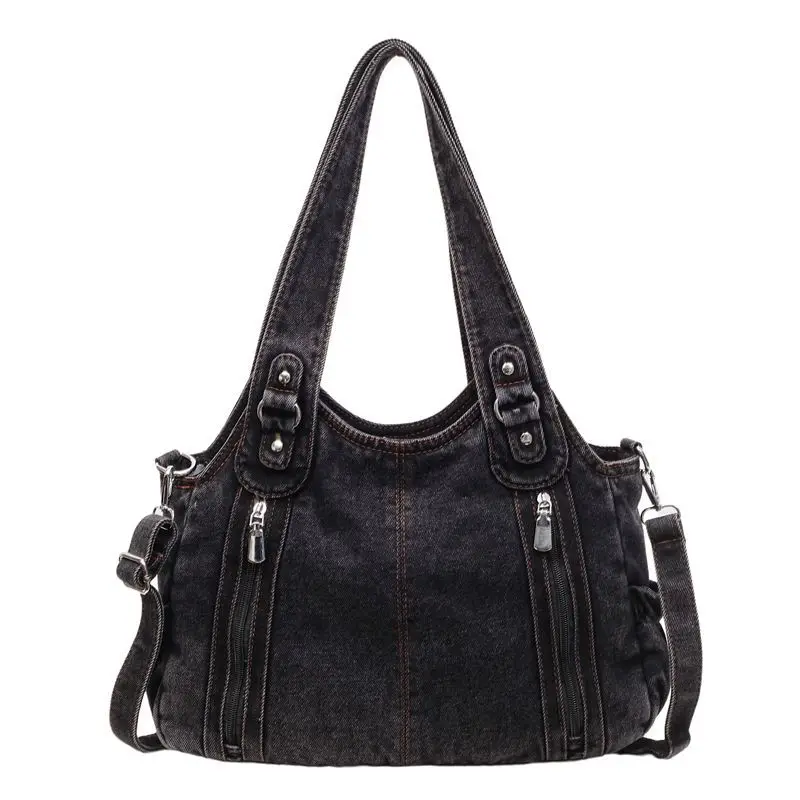 Black Light Dark Blue Vintage Distressed Denim Tote Bag Large Capacity Casual Shoulder Purse for Work School Commute Women Girls