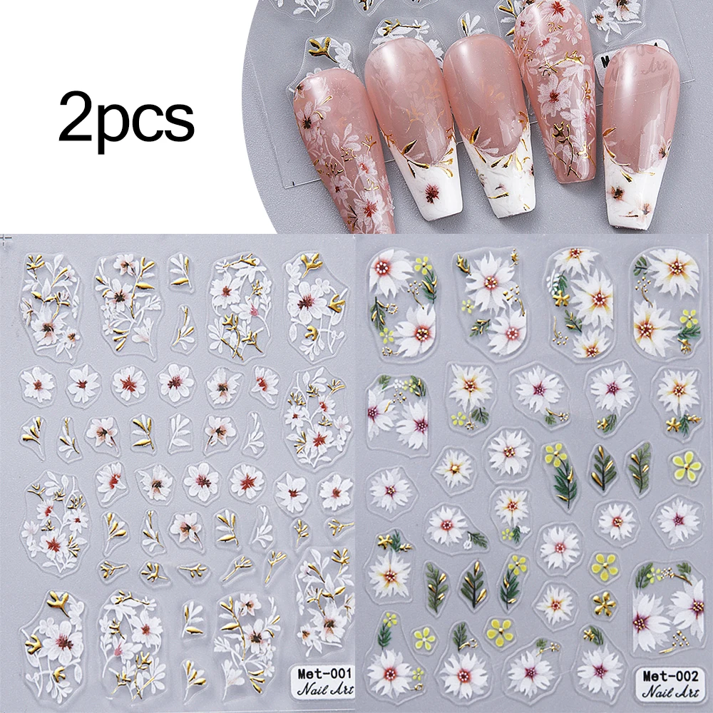 1-2 stuks Gouden Lijn Kersenbloesem 3D Nail Art Stickers Lente Perzik Bloemen Daisy Bloemen Gouden Bladeren Nail Decals Voor DIY manicure