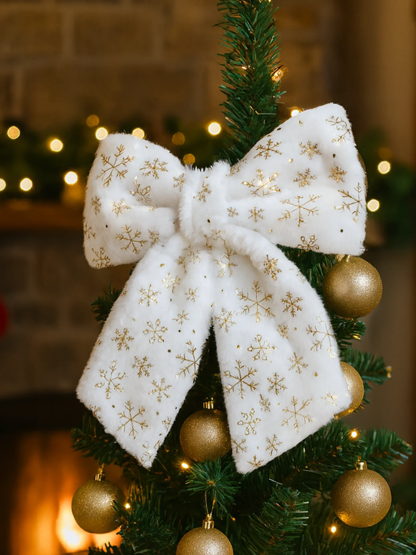 Christmas Tree Topper Bow White Furry with Gold Snowflake Print Hanging Ornaments Festive Xmas Tree Decor for Home & Party Gift