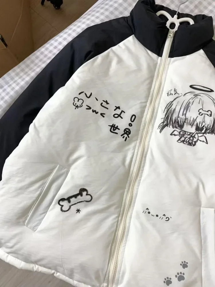 Kimutomo mulheres parkas y2k estética contraste retalhos harajuku japonês dos desenhos animados solto amassado jaqueta casual grunge acolchoado casacos