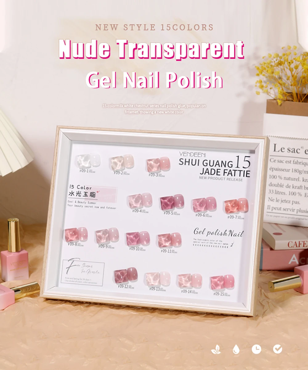 Vendeeni 15 Farben/Set Nude Pink Jelly Gel Nagellack Transparenter UV Soak-Off Gel-Lack Hautfarbener Gel-Lack mit Display – Detail 2