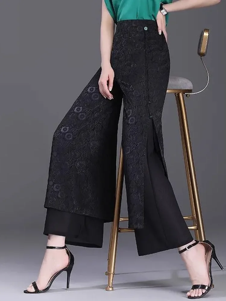 Split Jacquard Design Wide Leg Pants Women Casual High Waist Baggy Straight Pantalones Spring Fall Loose Ankle Length Calca New