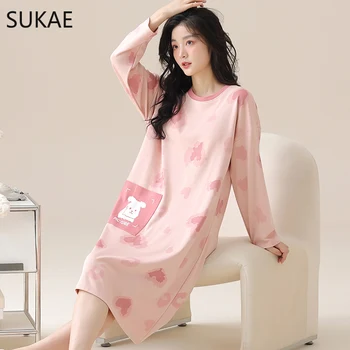 SUKAE الخريف الربيع المرأة قمصان النوم الطويلة M-5XL حجم كبير البلوز فضفاض البرازيلي مبطن قميص النوم القطن فستان النوم الترفيه قميص