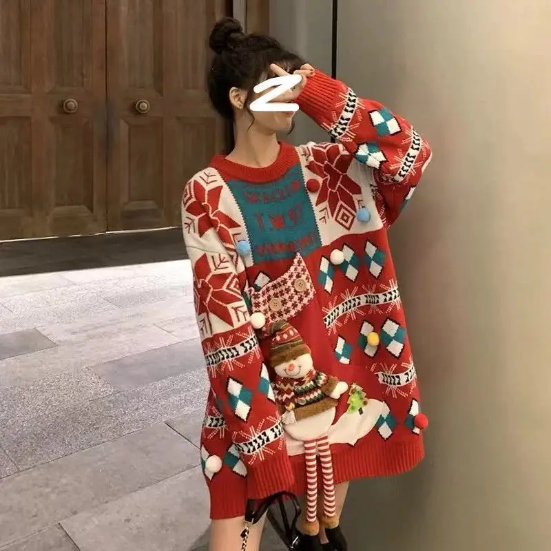 

2025 New Christmas Sweater for Women in Autumn and Winter Red Loose Thick Top Japanese Mid-length