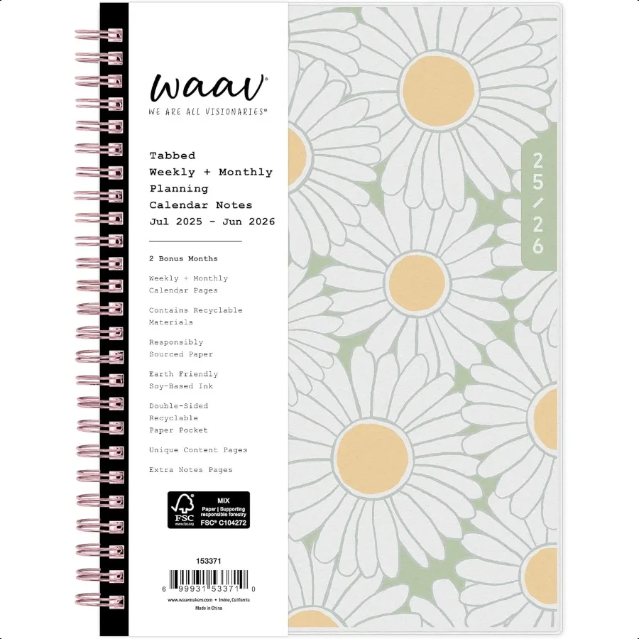 

WAAV 20252026 Weekly and Monthly Academic Year Calendar July 2025 June 2026 5.875" x 8.625" Flexible Cover Wirebound Laminated