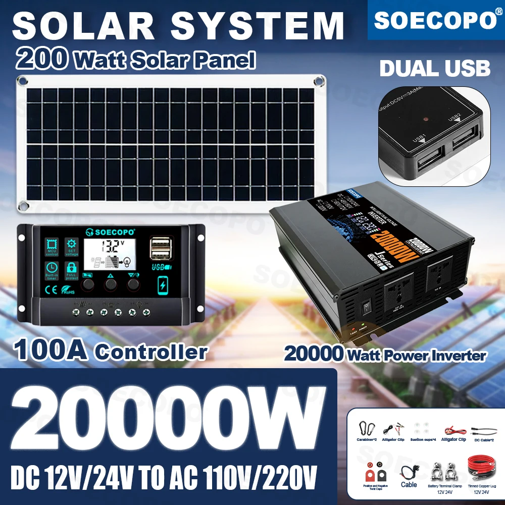 Emissionsfreies, langlebiges SOECOPO 20000W Peak Solarsystem-Kit mit 200W Panel, 100A Controller, 110V 220V Wechselrichter für Reisen, Haus und Auto