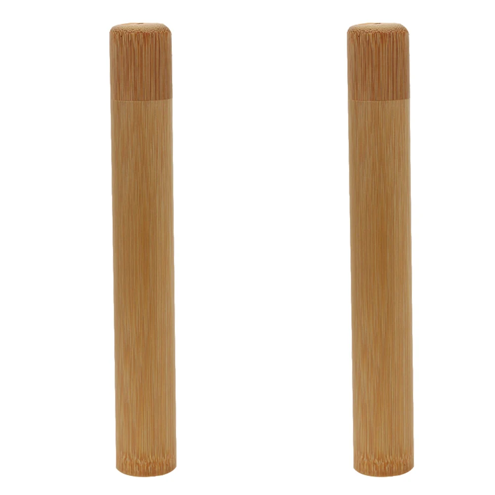 

2 Pcs Bamboo Toothbrush Holder Durable Travel Hotel Simple Cylinder Packing Boxes Storage Container Compact Easy Wash