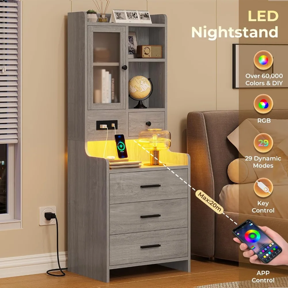 2-piece bedside table set with charging station,49.2-inch LED bedroom bedside table,high bedside table with bookshelfand drawers