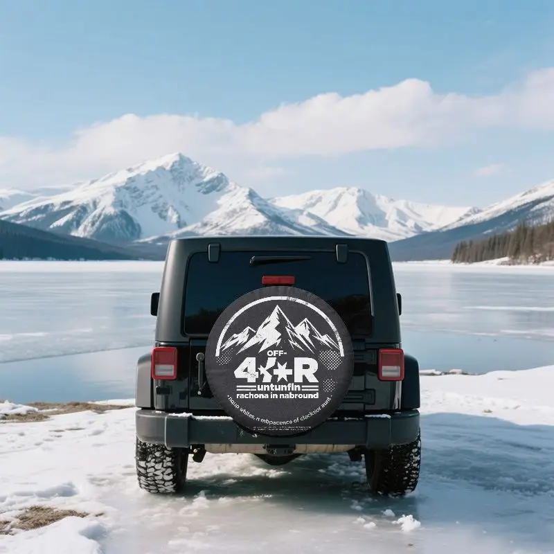 Heavy-Duty Waterproof All-Terrain 4X4 Off-Road Spare Tire Cover With White Rugged Mountain & 4X4 Design - Fit For SUVs, Trucks,