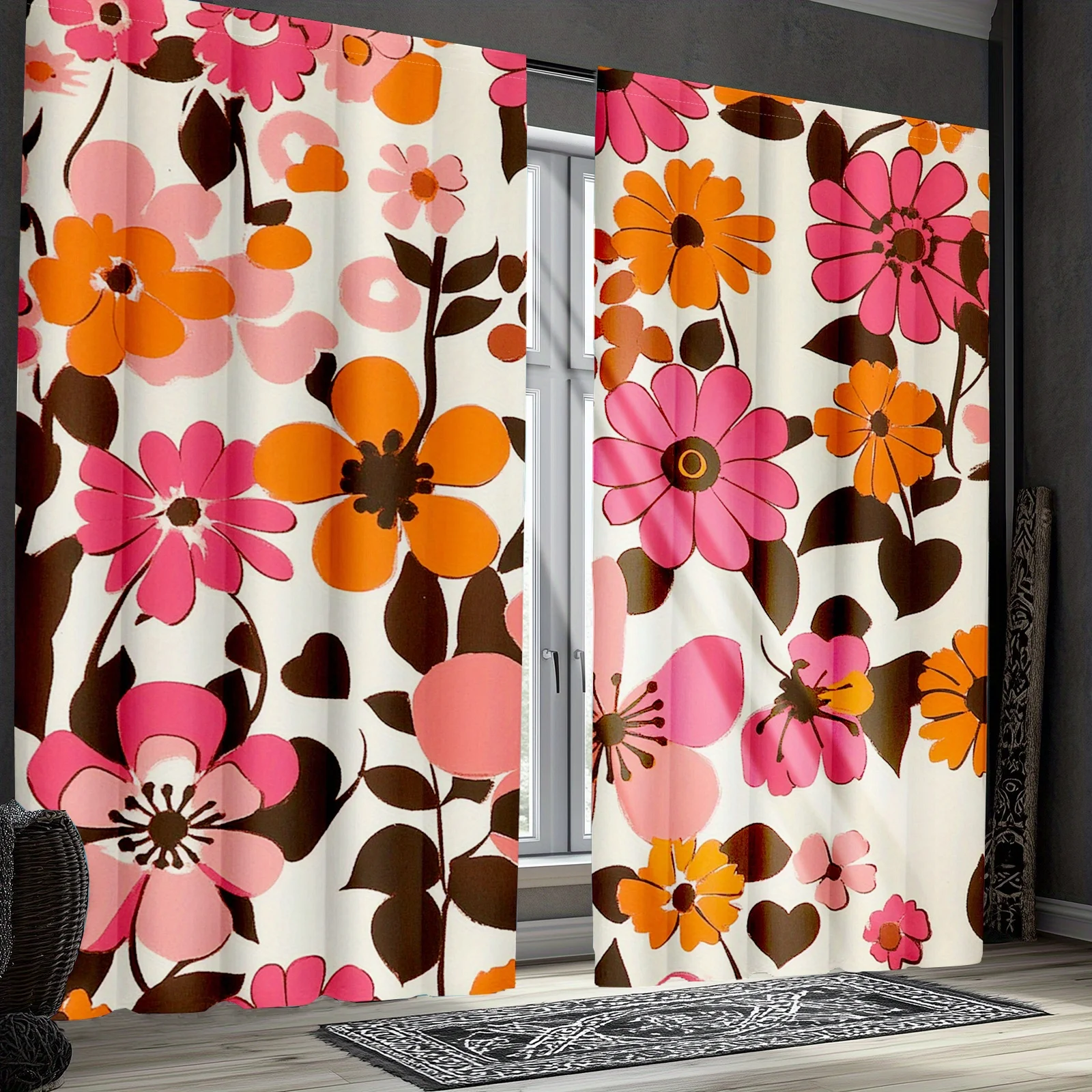 2pcs Retro 70s Flower Curtains, Vintage Boho Floral Print and Groovy Hippie Window Drapes for Bedroom and Living Room