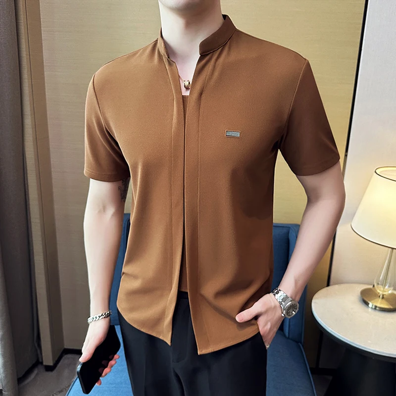 

Summer Stand Collar Pullover Shirts for Men High Quality Ice Silk Short Sleeve Solid Male Shirt Brand Business Social Blouse Men