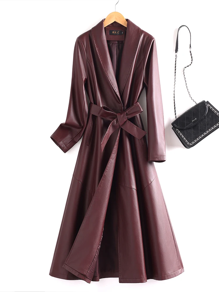 Real Leather Sheepskin Women's Long Coat Knee-Length Slimming Waist Design Fashionable Commuter Style Outerwear Jacket