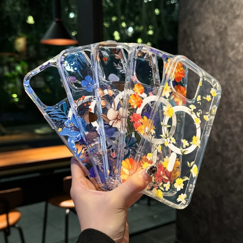 مناسبة لهاتف آيفون 16 برو ماكس حافظة هاتف مغناطيسية 13/14 15 برو ماكس تصميم زهور أزرق وأصفر غطاء منعش وزهور