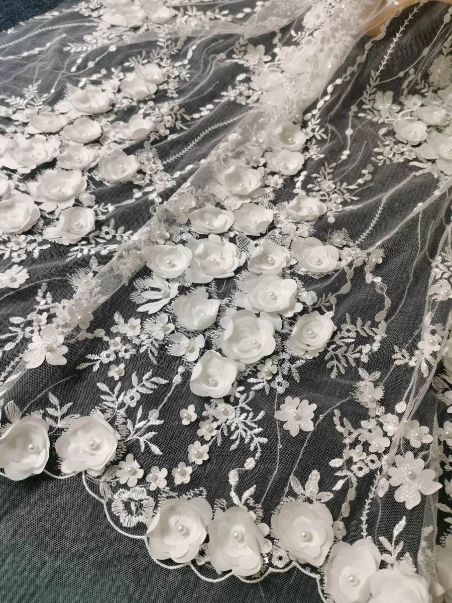 

3D Flower Applique Tulle Mesh Lace Fabric Bridal Wedding Dress High Quality Lace