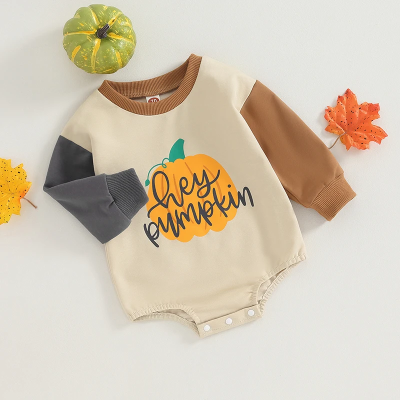 

Infant Jumpsuit Autumn-themed Long Sleeve with Crew Neck and Pumpkin Print Halloween Costume for Baby