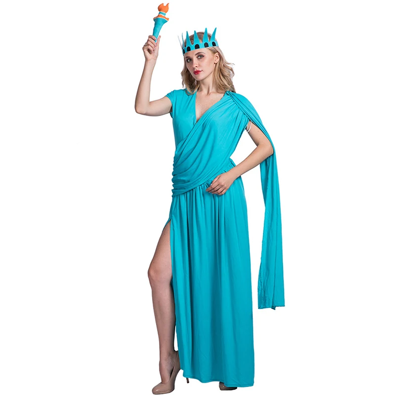 New arrival Costumes Blue Sexy Statue of Liberty Costume Greek Athena Goddess Cosplay Fancy Dress for Women