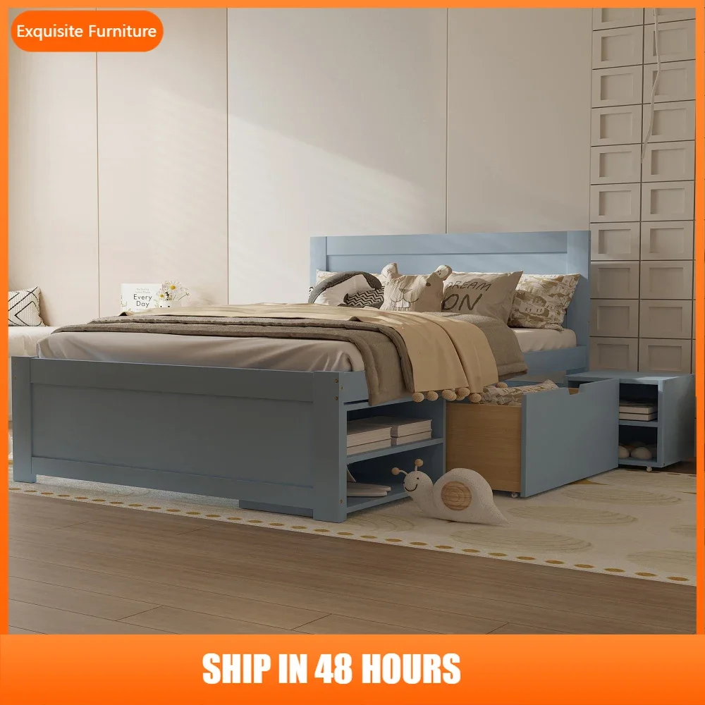 

Full Size Platform Bed With Drawer And Two Shelves, Gray