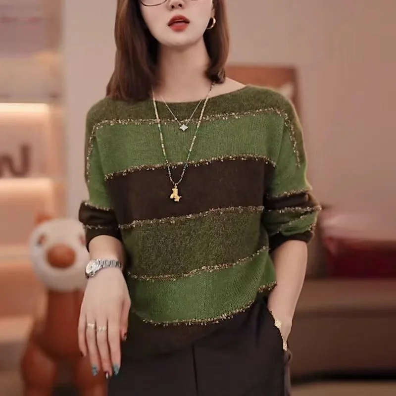 

Осень-зима, новый универсальный свободный корейский свитер с круглым вырезом и длинными рукавами, женский зеленый топ