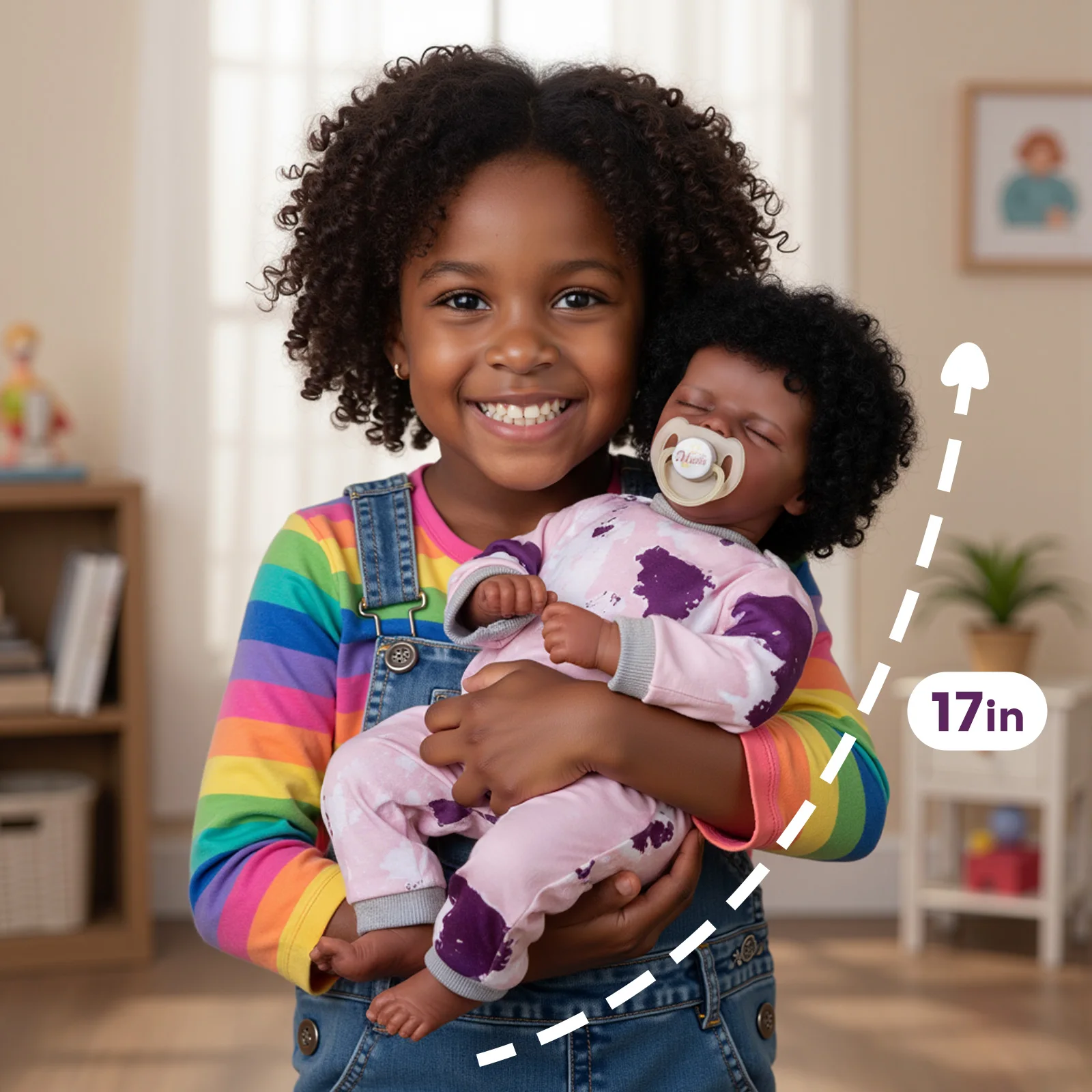 Muñecas realistas para bebés recién nacidos, color negro, cuerpo y rizos suaves para bebés de 17 pulgadas, muñeca realista para recién nacidos con caja de regalo para niños mayores de 3 años