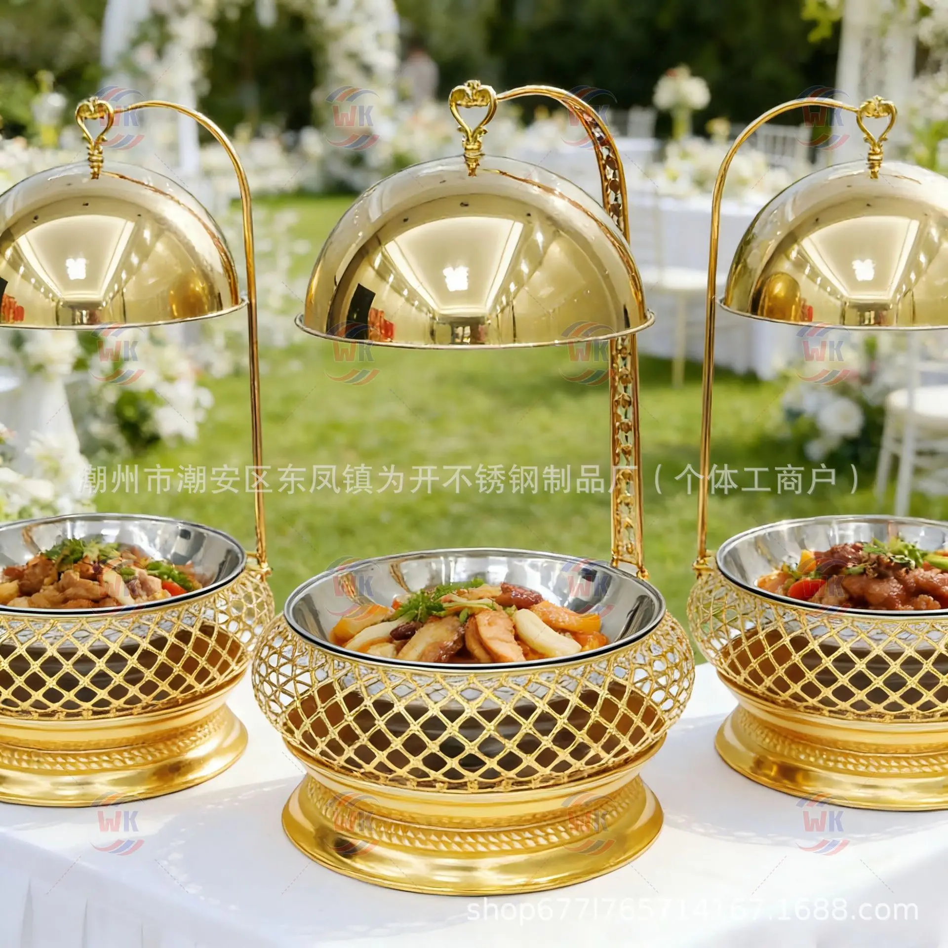 8L Luxury Gold Stainless Steel Hanging Chafing Dish, Alcohol Heating Food Warmer for Hotel and Outdoor Use