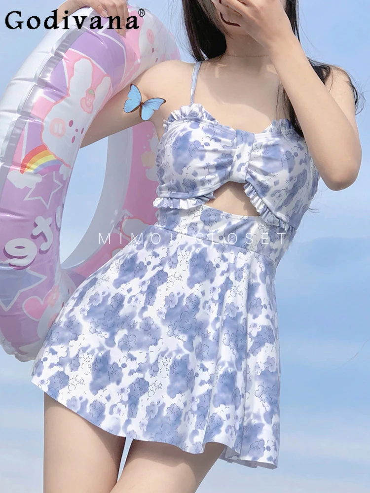 Girly Sweet Y2k Print One-Piece Swimsuit 2024 Summer New Fashion High Waist Slimming Elegant Bathing Suit Women Beach Dress