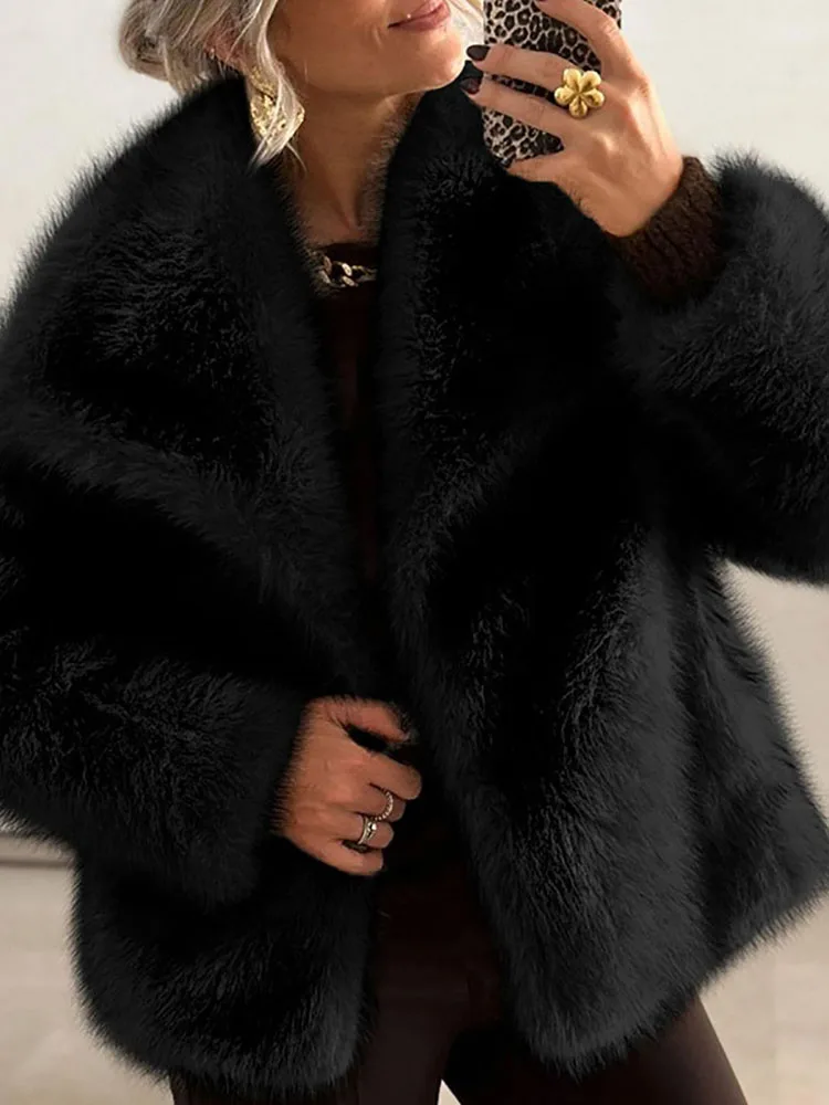 Vrouwen Elegante Nepbontjas Warme Pluizige Vintage Losse Revers Jas Met Lange Mouwen Herfst Winter Mode High Street Lady Outerwears