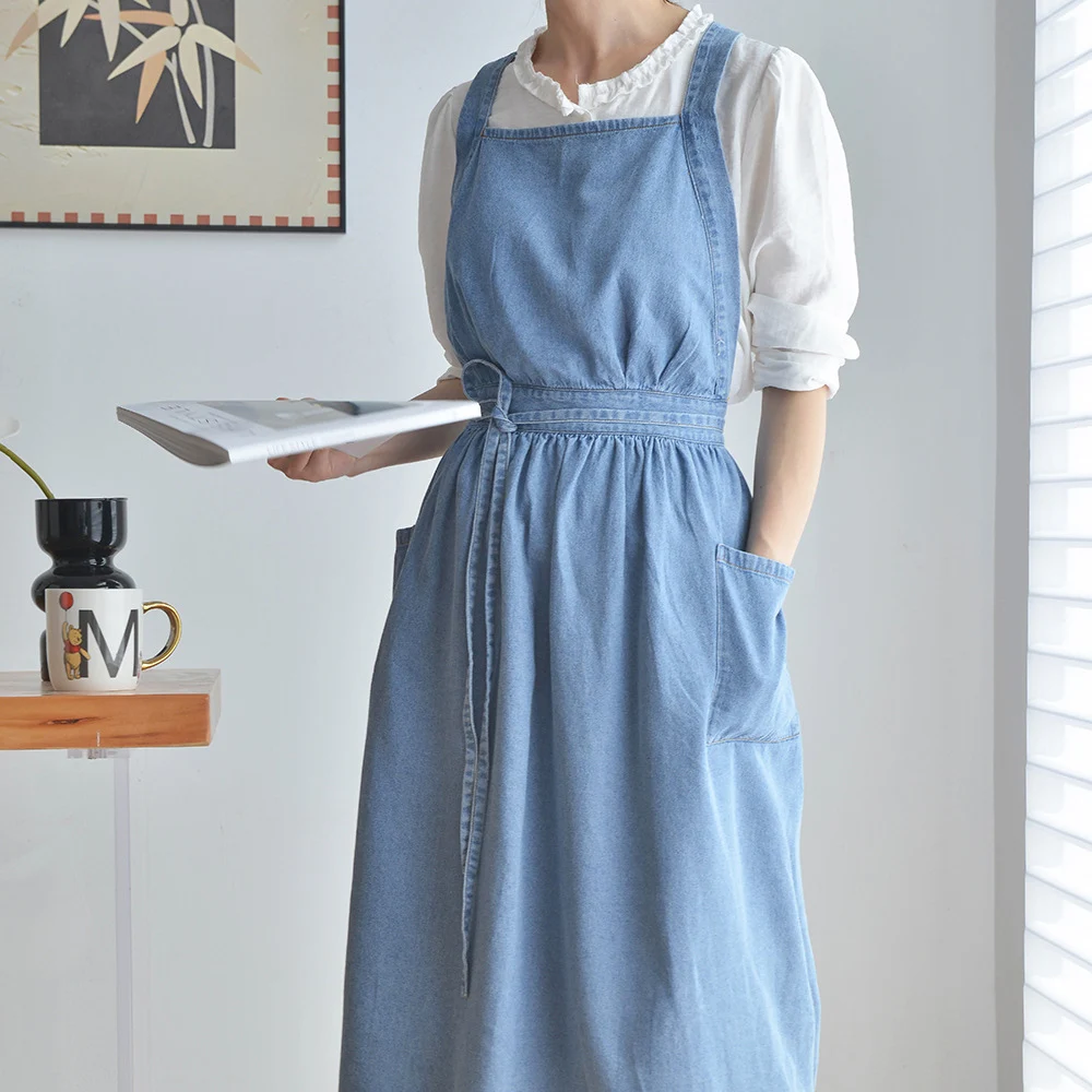 

Blue Island Thiened Cotton Overalls Waed Denim Apron Kitchen Work Flib Waistcoat Home Use Anti-Spill Aprons