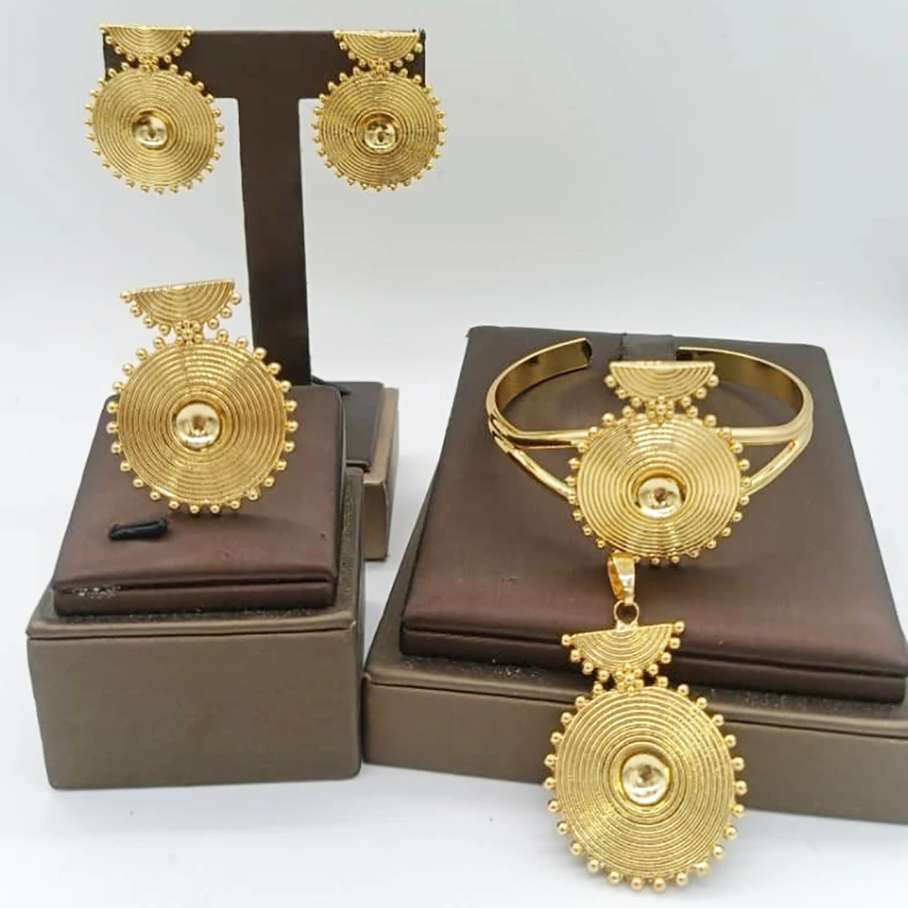 Gold Color Jewelry Sets for Women Bridal Luxury African Map Pendant Earrings Cuff Bangles Adjustable Ring Wedding Ornament Gifts