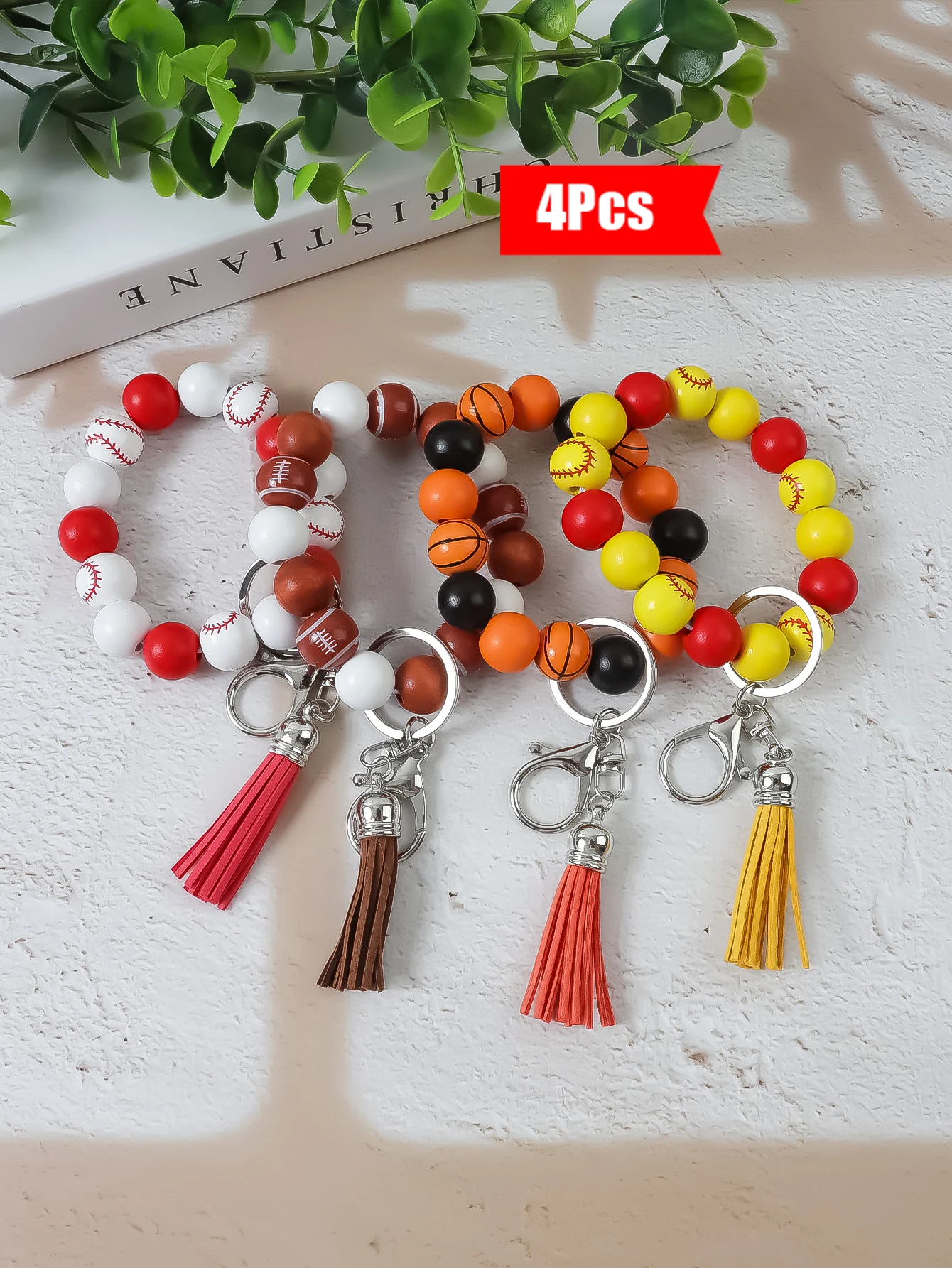 4Pcs Sports Beaded Wristlet Keychain, Baseball Basketball Football Softball Tassel Bracelet Key Ring, Sports Fan Backpack Bag Accessories Gift