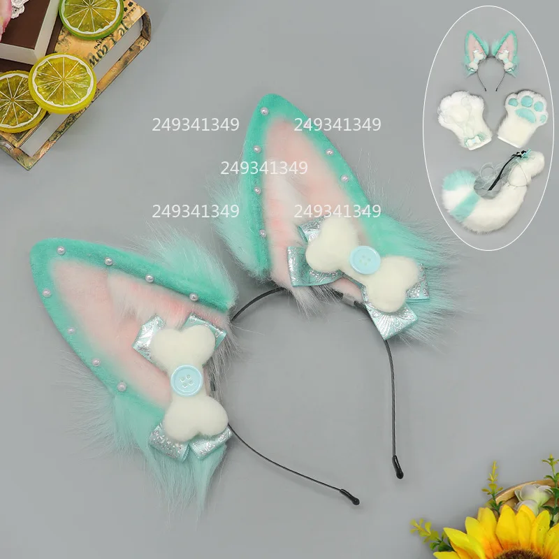 Fox Furry Cosplay Headwear Bone Ribbon Decorate Ears Tail Gloves Sweet Woman Lolita Dress Up Props Comic-con Costume Accessories