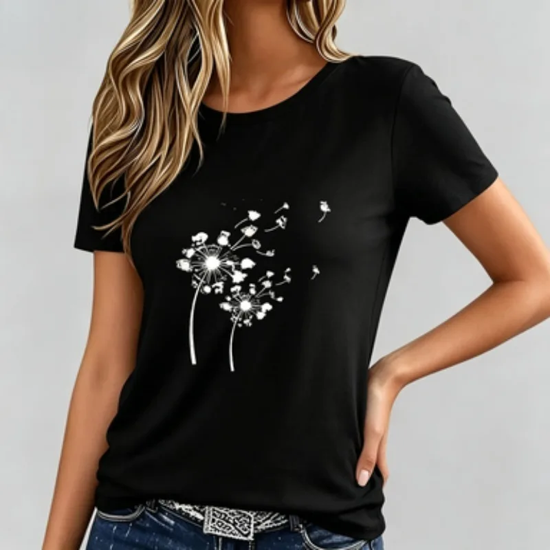 Women Short Sleeve Round Neck Tee, Minimal Dandelion Seed Cartoon Print Soft Casual Top