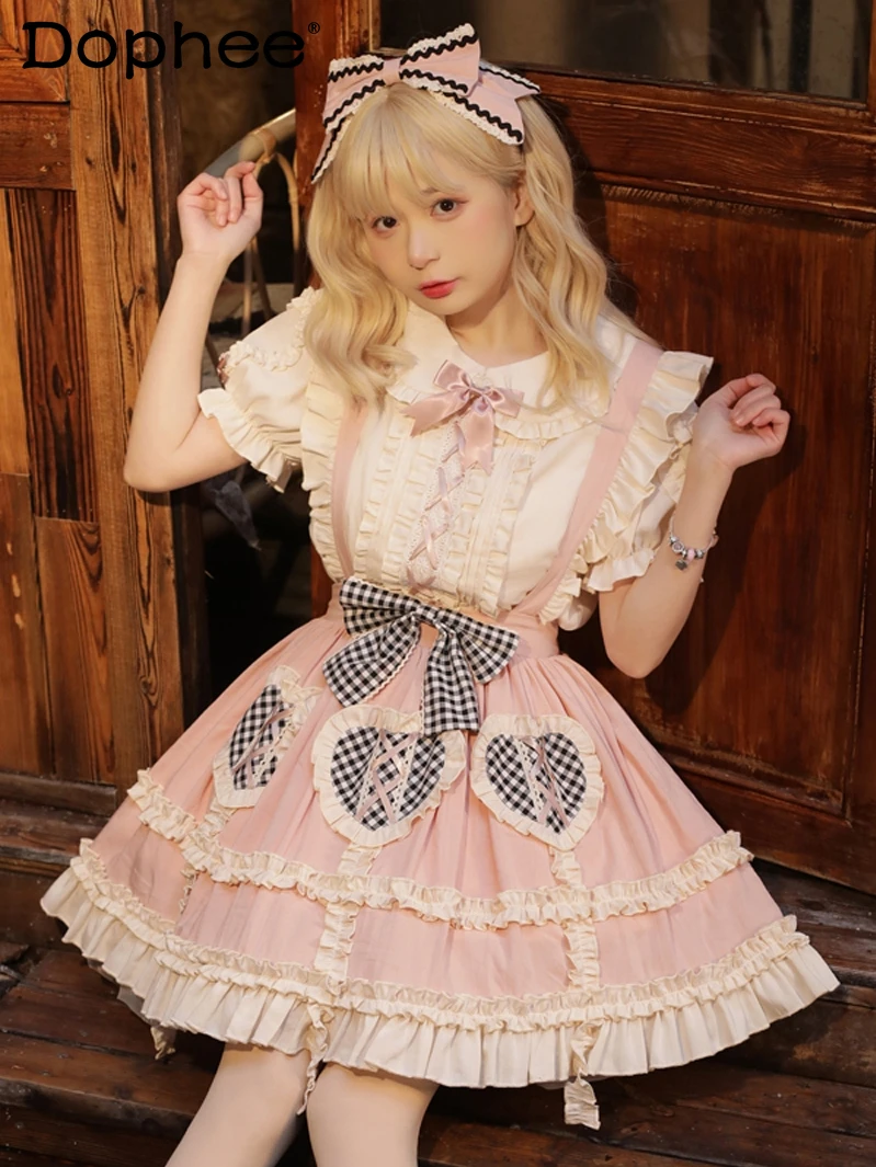 Lolita Sk Daily Cute Plaid Bow Skirt Ruffled Embroidered A Line Skirt 2024 Summer New Dream Princess Sweet Pink Suspender Skirt