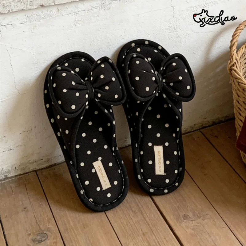 XIXITIAO Indoor Flat Slippers for Women Fashion Casual Cotton Bow Design Bedroom Footwear Ladies Comfortable Home Flip-flops view 2