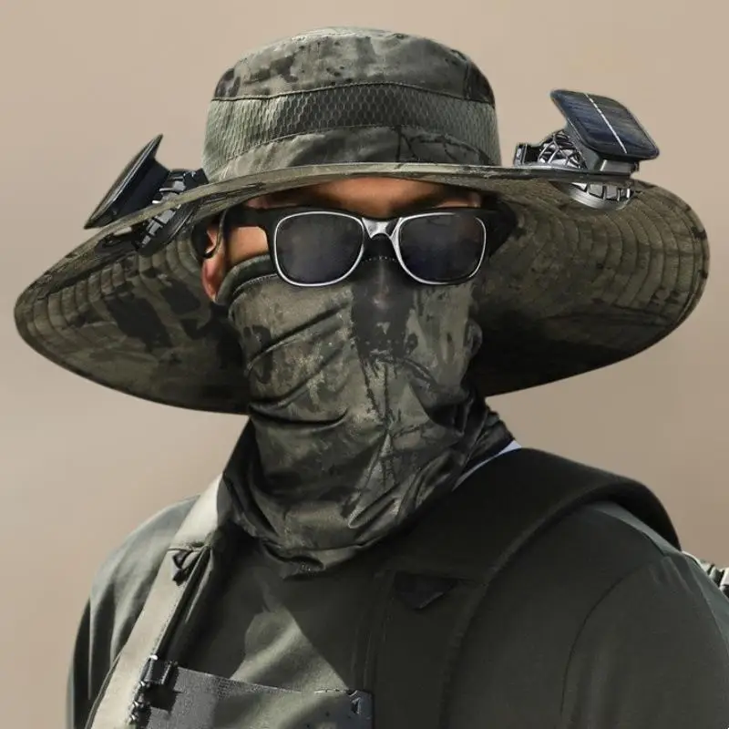 ผู้ชายฤดูร้อนแบบชาร์จไฟได้พัดลมปีกใหญ่หมวกกันแดด; หมวกชาร์จพลังงานแสงอาทิตย์ขนาดใหญ่ที่สมบูรณ์แบบสําหรับการตั้งแคมป์กลางแจ้งและตกปลา