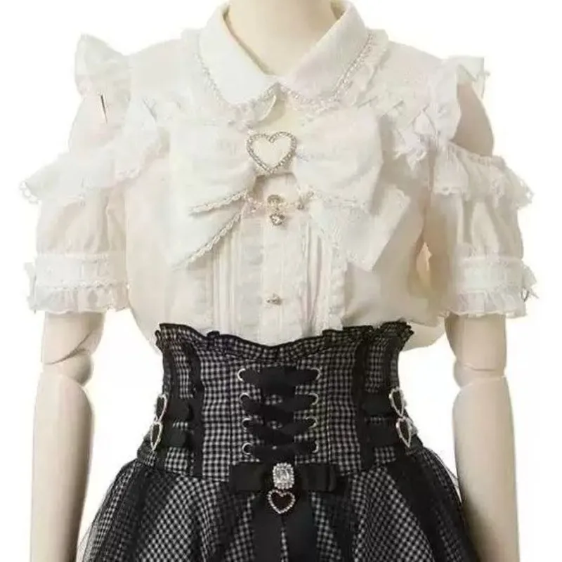 

Y2k Off Shoulder Short Sleeve Shirts Women Sweet Cute Bow Lapel Neck Blouses 2026 Summer New White Bottoming Blusas Mujer