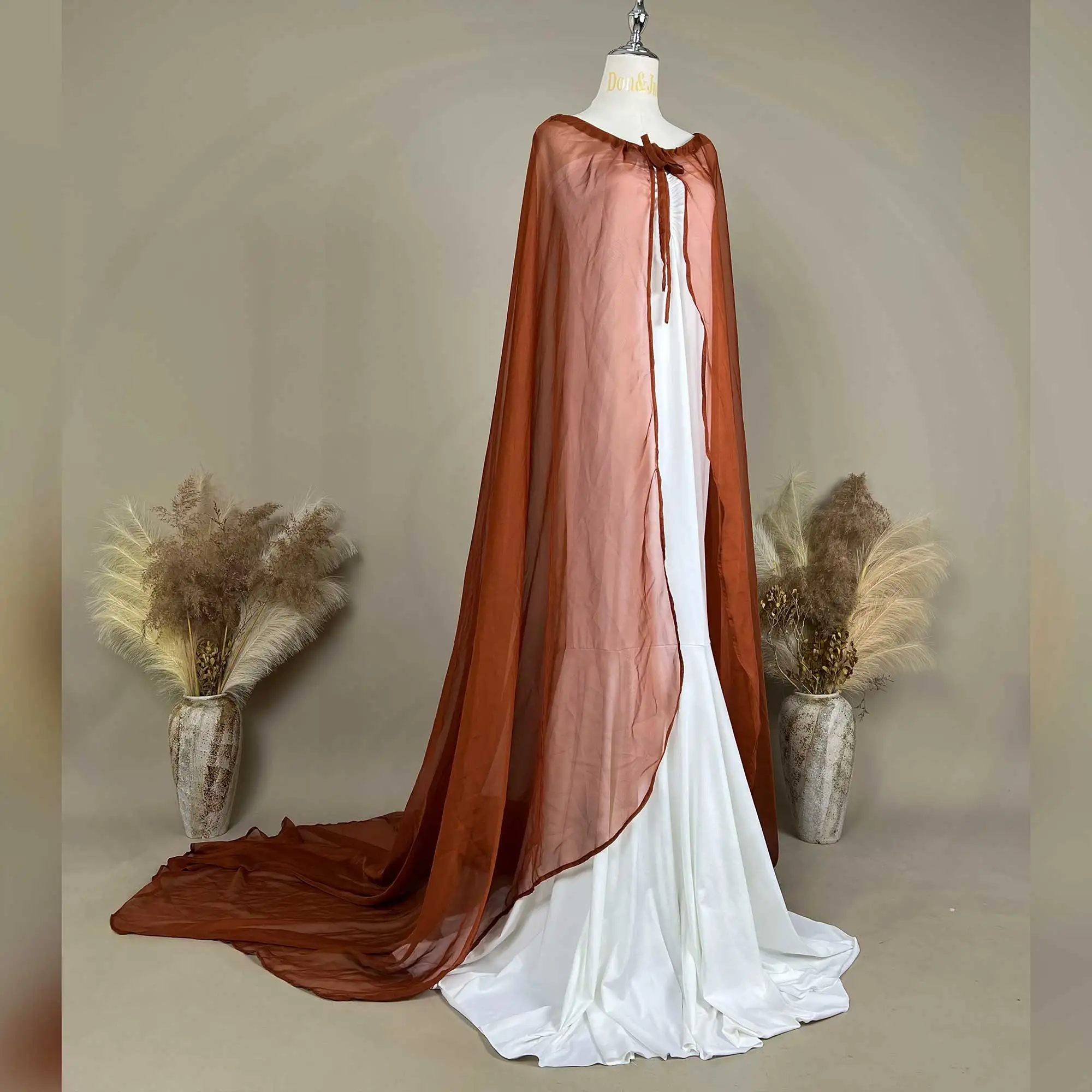Don&Judy White Satin Maxi Evening Dress with Rust Brown Chiffon Cape for Maternity Non-Maternity Photo Prop Photoshoot Session