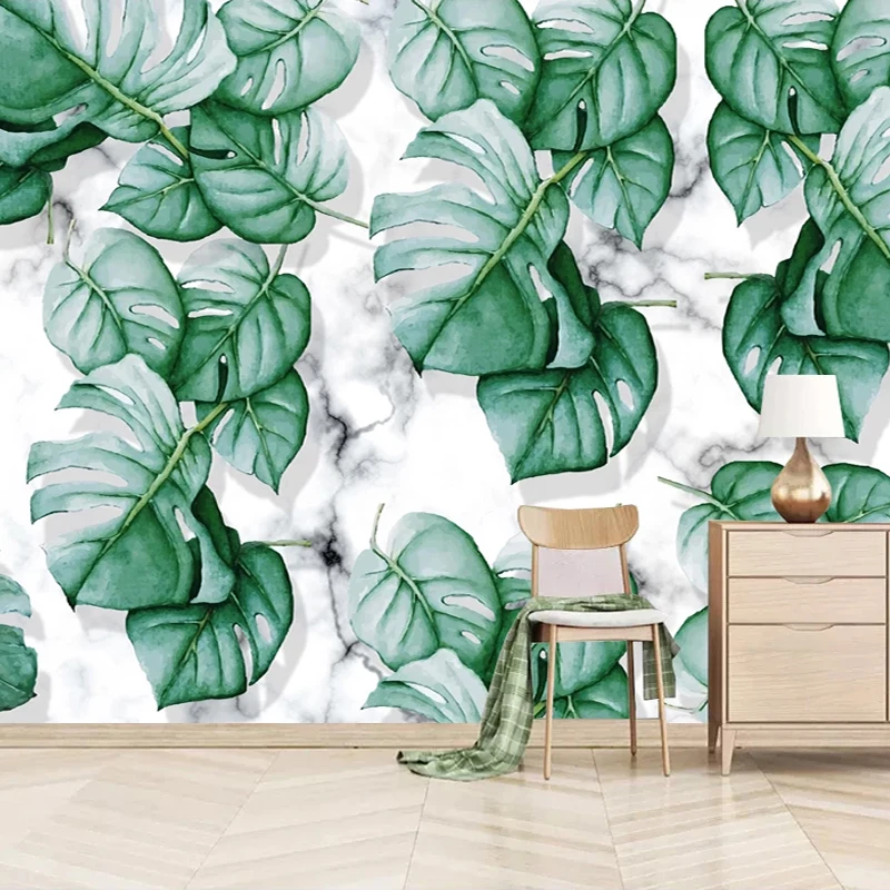 

Customized products 3D Wall Mural Green Leaves Marble Pattern Wallpaper Living room TV feature wall Kitchen Bedroom restaurant